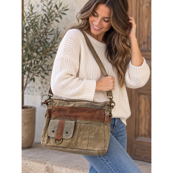 Myra Bag Handbags - Myra Bag Canvas Leather Crossbody Bag Earth Tone Upcycled S-1294 Brown Tan